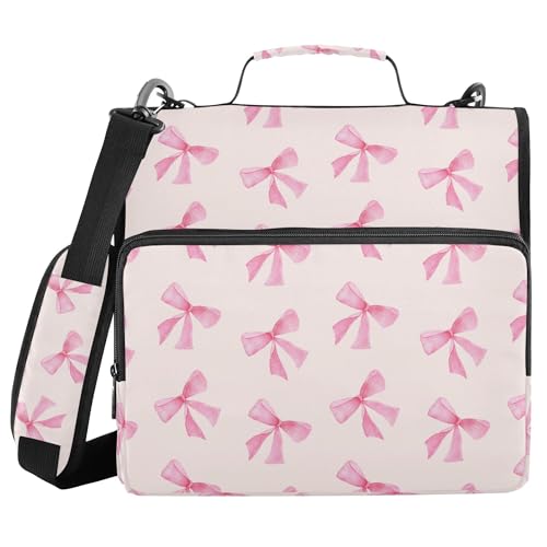 Cute Pink Bow Zipper Binder with Shoulder Strap, 500 Sheets Capacity, Multiple Pockets 1.5Inch 3 Ring Zipper Binder - color: Pink Bow