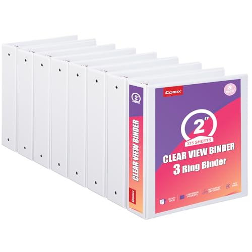Comix Durable 2 Inch 3 Ring Binder, Round View Binder for Office or School, Fits 375 Sheets of 8.5x11 Paper, PVC-Free & Foldable Spine, Made in North American, 8 Pack (White) - color: White, size: 2 inch, style: 8 Pack