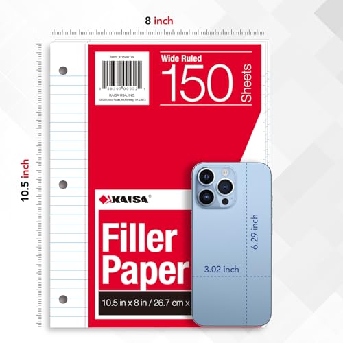 KAISA Filler Paper Loose Leaf Paper, Wide Ruled Paper, 8"x10-1/2", 3-Hole Punched Binder Paper For 3-Ring Binders,150 Sheets/pack 3Pack, F15001W - color: Wide, size: 3pack