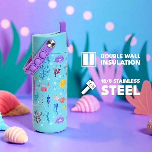 Elemental Insulated Kids Water Bottle, Stainless Steel Water Bottle with Straw Lid & Pop-It Handle, Leak-Proof Water Bottles for School, Boys or Girls, Travelling and Sports, 18oz - Mermaid - color: Mermaid