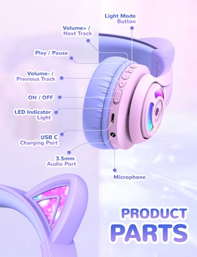 iClever BTH13 여아용 아동용 블루투스 헤드폰, LED 고양이 귀 여행 선물 | SafeSound Tech, 50시간 재생, USB C 충전, AUX 케이블, 스테레오 사운드, 태블릿 PC용 마이크가 있는 아동용 헤드폰 무선 - color: 핑크 그라데이션.