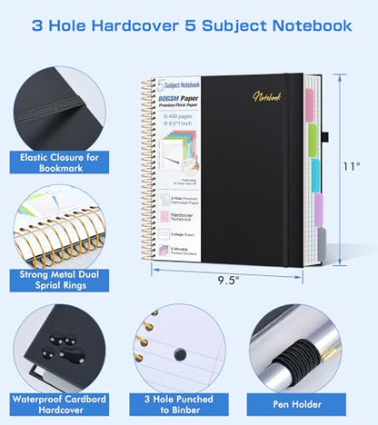 5 Subject Notebook College Ruled,80GSM Paper Thick Hardcover Spiral Notebook Lined Journal with Removable Dividers Tabs,400pages 8.5"x11" Paper Large Notebooks for School Work,3-Hole Punched, Black - color: Black