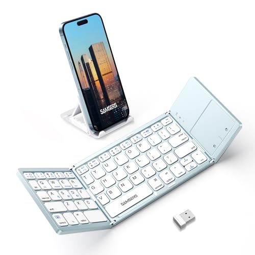 Samsers Multi-Device Foldable Bluetooth Keyboard with Touchpad, Rechargeable Folding Keyboard with Holder, Portable Travel for Android Windows iOS Mac OS, Support 3 Devices - Blue - color: Sky Blue, size: 3-Device