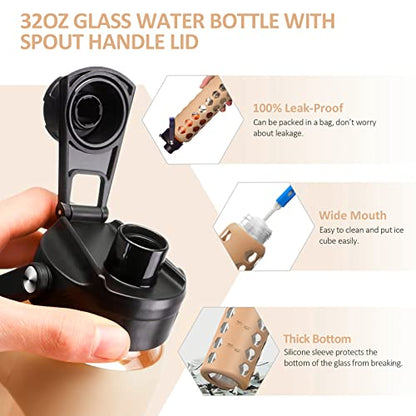 MUKOKO 24oz Glass Water Bottle, Amber | Glass Tumbler with Straw, Drinking Bottles with 2 Lids-Handle Spout Lid & Bamboo Straw Lid, Silicone Sleeve, 1 Pack - color: Amber, size: 24 Ounces