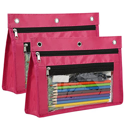 YoeeJob 2 Pack 1 Inch Expandable Zipper Pencil Pouches with Clear Window for 3 Ring Binder, Suitable for School & Office（Rose red） - color: Rose