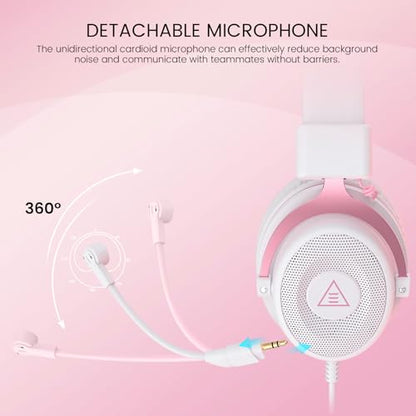 EKSA E900 Gaming Headset with Microphone - PC Headset with Detachable Noise Canceling Mic, 3D Surround Sound, Wired Headphone for PS4, PS5, Xbox, Computer, Laptop, Switch, Handheld - color: Pink