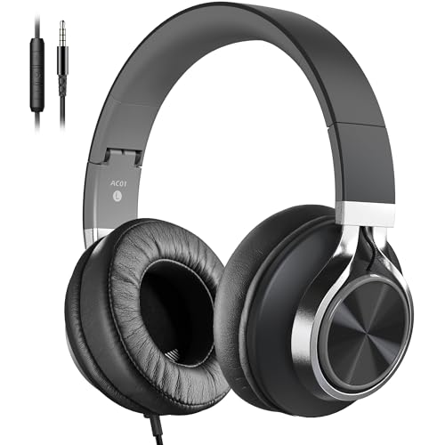 AC01 Headphones Wired Over Ear, Corded Stereo Headsets with Microphone Volume Control for Adults Teens Kids 3.5mm for School, Cellphones, Tablets, Laptop, Chromebook (Black Grey) - color: Black Grey