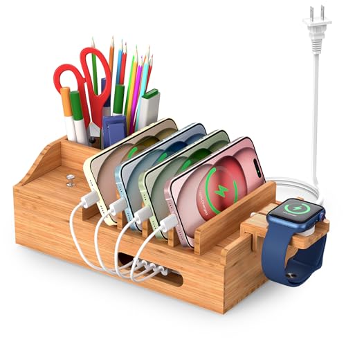Bamboo Charging Station for Multiple Devices with 5 Port USB Charger, 5 Charger Cables and Smart Watch Stand. Wood Desktop Dock Stations Electronic Organizer for Cell Phone, Tablet, Watch, Office - color: Style 2