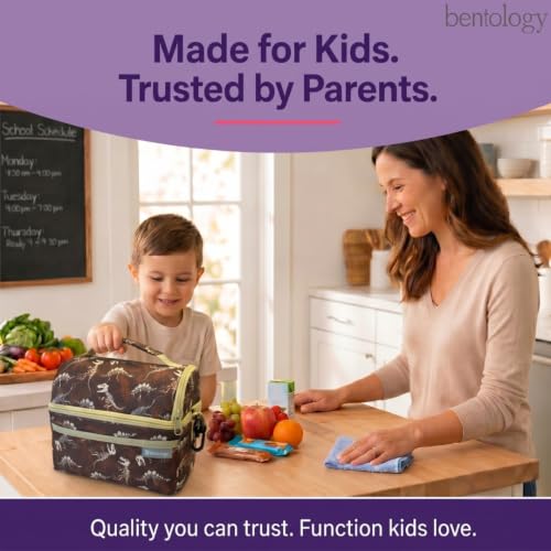Bentology Dinosaur Lunch Bag for Kids, Reusable Insulated Lunch Box with Strap, Durable Brown School Cooler Tote for Boys & Girls, Take Out Lunch Pail with Handle, Zipper Compartments, Dino Print - color: Dinosaur