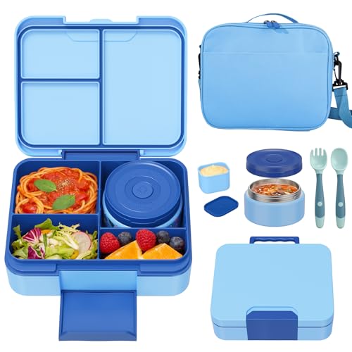 Kids Bento Lunch Box Set with 9.5oz Soup Thermo, Leak-Proof Lunch Food Containers with 3 Compartment and Removable Inner Tray, Insulated Hot Food Jar with Lunch Bag for School, Office, Blue - color: Blue