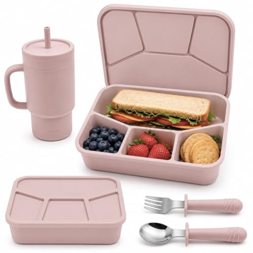 4-Piece Silicone Bento Lunch Box Set for Kids – Stainless Steel Water Cup, Spoon & Fork Included, BPA Free, Dishwasher Safe, Reusable Lunch Container - color: Dusty Pink