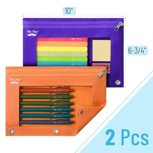 Mr. Pen- Pencil Pouch for 3 Ring Binder, 2 Pack, 10"x6.75", Smooth Zipper | Clear Window, Large Capacity Pencil Case with 3 Reinforced Grommets for School, Office, Supplies Storage | Clear Window, Large Capacity Pencil Case with 3 Reinforced Grommets for