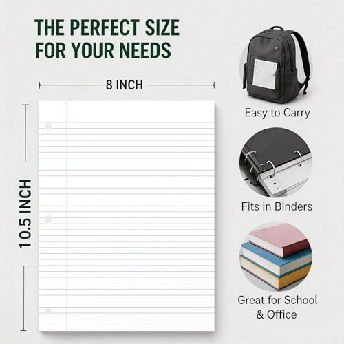 Loose Leaf Paper, 75 Sheets Notebook Lined Pads, 8 x 10.5 College Ruled Filler Paper, 3-Hole Punched Binder Paper for 3-Ring Binders, Double-Side Printed Note Pads for Home, Office, School, 1 Pack