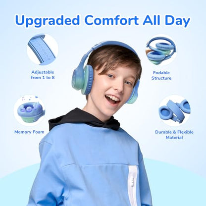 EarFun K4 Kids Bluetooth Headphones, Wireless Headphones with LED Lights | 74/85/94dBA Volume Limited, Built-in Mic, 90H Playtime, Bluetooth 5.4 Over Ear Headphone for iPad/Tablet/PC/School, Green - color: Green