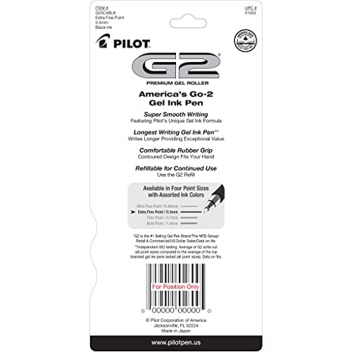 Pilot, G2 Premium Gel Roller Pens, Extra Fine Point 0.5 mm, Pack of 4, Black