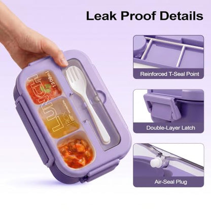 Bento Box Adult Lunch Box, Lunch Containers for Adults 44.5 Oz/5 Cup,Purple | BPA-Free, Lid-Top Sauce Tray, Leak-Proof, 1300mL, Removable Silicone Sealing Ring, Lid-Top Utensil Slot with Included Cutlery - color: Purple