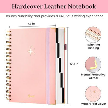 FLYING EAGLE Leather Spiral Notebooks for Work 5 Subject Notebook College Ruled with Dividers Pen, 360 Pages B5 Hardcover Lined Journals for Women Men Writing,Pink - color: C.pink