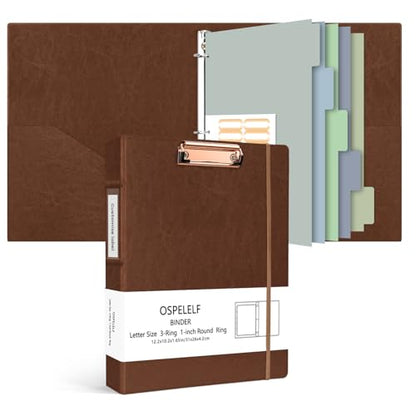 Ospelelf 3 Ring Binder with Clipboard, 1 Inch Leather, Brown, Letter Size (8.5" x 11"), 5 Tab Dividers - color: Reddish Brown, size: Letter Size - 1 Inch