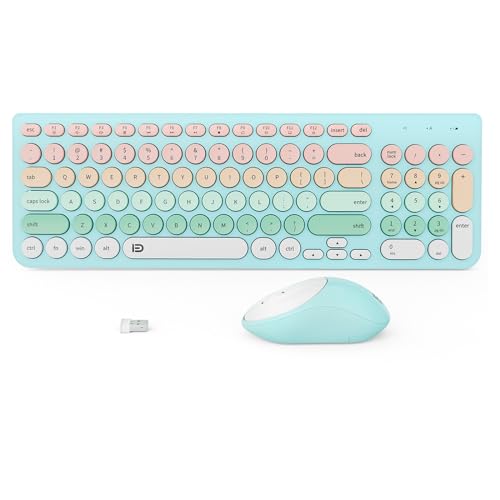 Wireless Keyboards Mouse Combos, Colorful Cute Typewriter Full-Size Retro Round Keyboard, 2.4GHz Sleep Mode Office Quiet Wireless Creamy Keyboard and Mouse Set for Desktop Laptop PC Computer-Blue - color: 96 Keys Blue Colorful