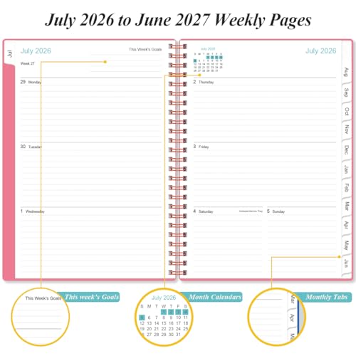 Planner 2026-2027 - A5 Weekly & Monthly Planner Spiral Bound, July 2026 - June 2027, with Flexible Cover, Tabs, Inner Pocket, 6.4" x 8.5", Pink - color: Pink, size: 6.4" x 8.5"