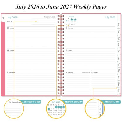 Planner 2026-2027 - A5 Weekly & Monthly Planner Spiral Bound, July 2026 - June 2027, with Flexible Cover, Tabs, Inner Pocket, 6.4" x 8.5", Pink - color: Pink, size: 6.4" x 8.5"