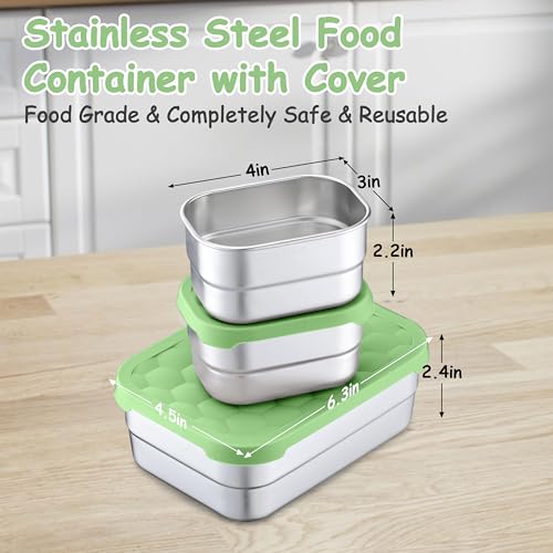 Homikit 3 Pack Kids Lunch Box Set, 18/10 Stainless Steel Bento Boxes with Silicone Lids Leak Proof, 5 Cups Reusable Metal Food Snack Containers for School Daycare, Nontoxic & Dishwasher Safe, Green - color: Green, size: Medium