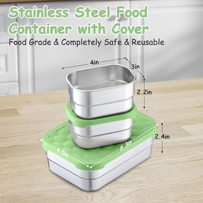Homikit 3 Pack Kids Lunch Box Set, 18/10 Stainless Steel Bento Boxes with Silicone Lids Leak Proof, 5 Cups Reusable Metal Food Snack Containers for School Daycare, Nontoxic & Dishwasher Safe, Green - color: Green, size: Medium