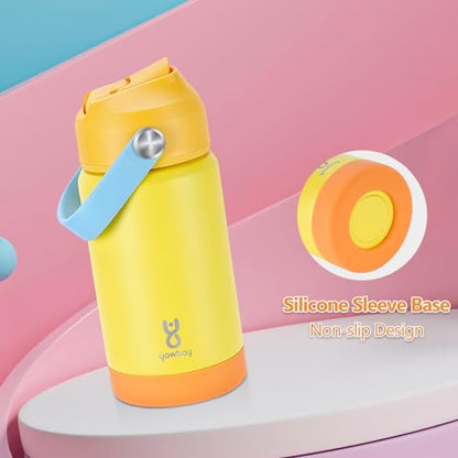 Kids Insulated Water Bottle with Straw Lid & Silicone Handle,12oz Kids Leak Proof Water Bottle for School Boys Girls,Double Wall Vacuum Stainless Steel with Non-slip Silicone Base(Yellow) - color: Yellow, size: 12 Ounces