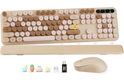 Wireless Keyboard and Mouse Combo, Round Keycaps, Full-Size Retro Typewriter-Style Keyboard with Magnetic Wrist Rest, Tilt Legs, 2.4GHz Cordless for Mac, Windows PC, Laptop, SABLUTE CK23, Latte Beige - color: Latte-Colorful