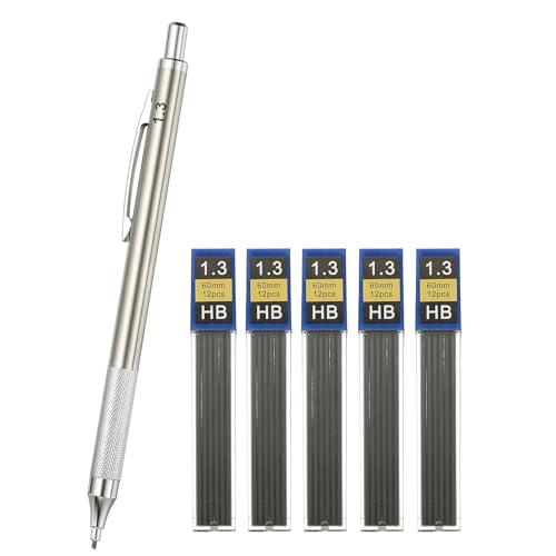 PATIKIL Mechanical Pencil 1.3mm, Lead Pencils Mechanical Holder Automatic Metal Holder with 5Pcs Refills for Drawing Art Sketching Woodworking, Silver - color: Silver, size: 1.3mm