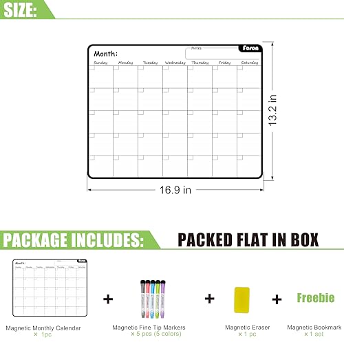 Magnetic Dry Erase Monthly Calendar, White and Black | 0.8mm thick magnetic calendar, stainproof PET, 10000+ erases, kit includes markers, eraser, bookmarks, eco fridge planner - color: Monthly White&black