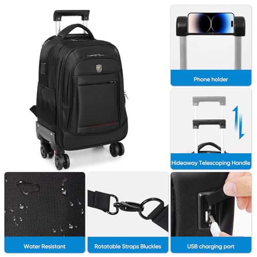 360° rotating Water Resistant Rolling Backpack with 4 Removable Wheels for Adults,Airline Approved Carry on Luggage Fit 15.6 Inch Laptop Travel Backpack with USB Charging Port