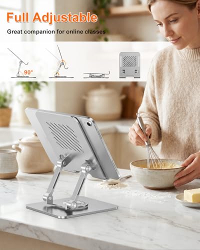 Tablet Stand for iPad, Aluminum iPad Stand for Desk | 360° Rotating, Compatible with 4.7-12.9" iPad, Foldable, for Tablet, Kindle, Galaxy Tab, Silver - color: Silver