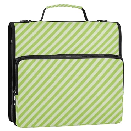 Green Stripes Zipper Binder 3 Ring 1.5 Inch School Binder Organizer with Shoulder Strap Handle File Folder Pockets Large Capacity Students Girl Boy Men Office Work - color: Green Stripes