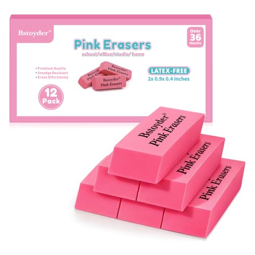 12 Rubber Pencil Erasers Bulk for School/Office, Latex-Free Smudge-Free Soft Bevel Erasers for Students, Bulk School Supplies for Classrooms, Teachers, Home, Office, Art Class