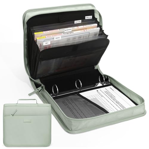 SUNEE Zipper Binder with Handle, 1.5 Inch O-Ring, 325 Pages Capacity, with 5-Tab Expanding File Folder for Classified Storage, Small Size Lightweight Zipper Bag for Middle School Students, Sage Green - color: Sage Green