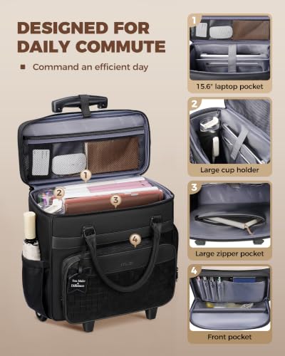 Ytonet Rolling Laptop Bag with Large Cup Holder, 15.6 In Rolling Briefcase for Women Rolling Teacher Bag with Insulated Lunch Box, Detachable Trolley Roller Tote Bags for Work, Office, Teacher, Black - color: Pure Black