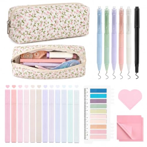 22Pcs Book Annotation Kit Aesthetic Pencil Case with Supplies School Annotation Supplies Gel Pen Transparent Sticky Note Taking Bible Study College Stationery Supplie (Pink Floral) - color: Pink Floral