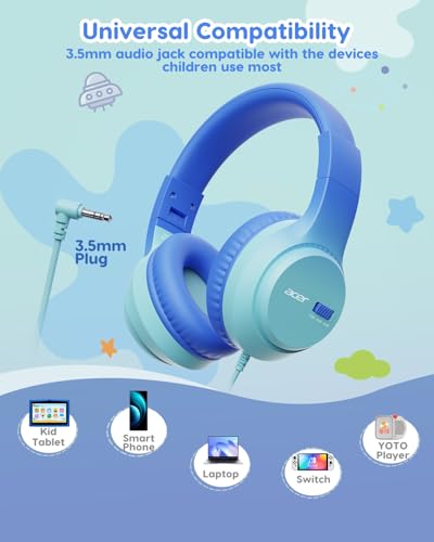 Acer Kids Headphones, 74/85/94dB Volume Limiter, Foldable Wired Over Ear Headphones for Travel, 3.5mm Jack, Toddler Headphones for School, iPad, Chromebook, Tablet, Blue - color: Blue