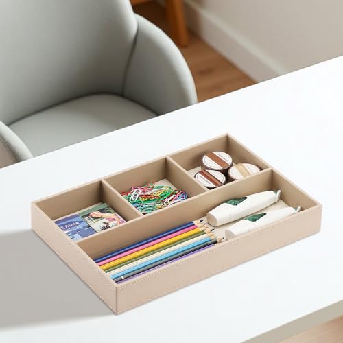 KINGFOM 4-Slot Leather Drawer Tray Desk Stationery Sundries Organizer Storage Box Pen Pencil Holder Case Container (Dark Beige) - color: Dark Beige