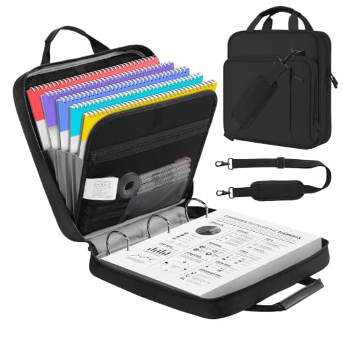 MoKo Zipper Binder, 3 Inch 3 D Ring, 5 Tab File Folders, 700 Sheets, Black | Water-repellent 900D Oxford with five file pockets, two mesh pockets, a handle and padded shoulder strap. - color: Black, size: 3-Inch D-ring