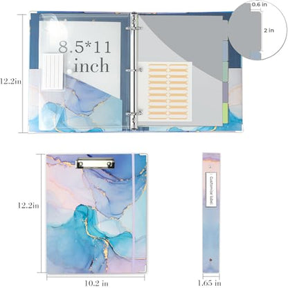 3 Ring 1 Inch Binder Organizer, KLLVE Three Ring Binders with Clipboard, 5-Tabs Pockets Dividers, Plastic Folder, 18 Divider Stikers,Pen Loop (Blue Marble, Letter Size) - color: Blue Marble, size: 1in（Letter Size）