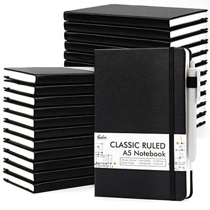 24 Pack Journal Notebook for Work, Feela Business Notebook Bulk Hardcover Lined Writing Journal with Pen Holder for Men Women Note Taking, with 24 Black Pens, 120 GSM, 5.1”x8.3”, A5, Black - color: 24 Pack black