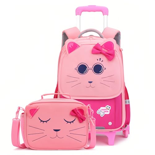 2Pcs Girls Rolling Backpack, Cute Cat Face Kids School Bag Bookbag Roller Backpack for Girls with 6 Wheels, 2Pcs-Rose - color: 6 Wheels-2pcs-rose, style: 6 Wheels