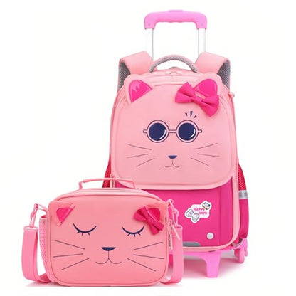 2Pcs Girls Rolling Backpack, Cute Cat Face Kids School Bag Bookbag Roller Backpack for Girls with 6 Wheels, 2Pcs-Rose - color: 6 Wheels-2pcs-rose, style: 6 Wheels