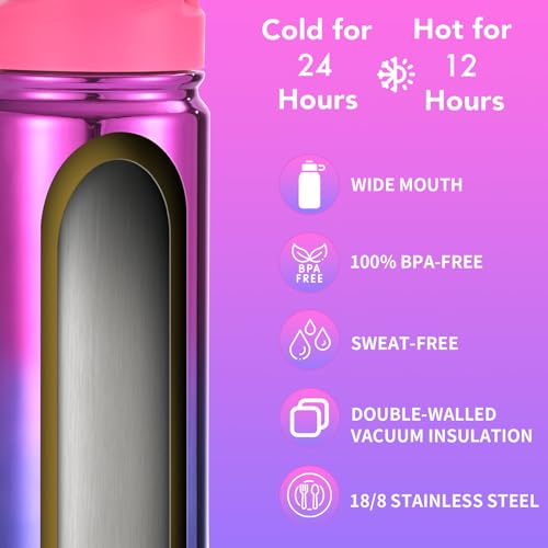 Mininoo Kids Water Bottle, Girls Water Bottles for School, 16oz Stainless Steel Metal Water Bottle with Straw Lid - color: 16oz Specular Punch/Purple, size: 16 Ounces