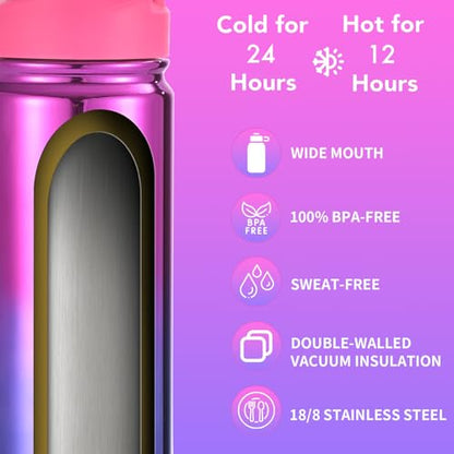 Mininoo Kids Water Bottle, Girls Water Bottles for School, 16oz Stainless Steel Metal Water Bottle with Straw Lid - color: 16oz Specular Punch/Purple, size: 16 Ounces