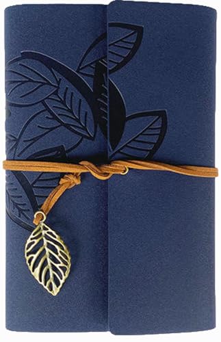HARDCOVER JOURNAL Writing Notebook - Antique Handmade HARDCOVER Bound Daily Notepad, Vintage Leaf Series, (Leaves, Dark Blue) - color: Leaves, Dark Blue