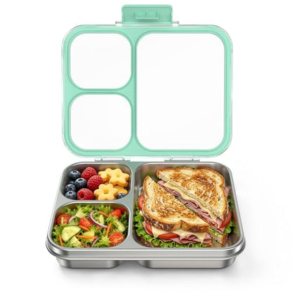 HOMEKOL Stainless Steel Bento Lunch Box 3-Compartment, 4.2Cups, Green | Leak-Proof Metal Lunch Container for Kids & Adults, BPA-Free, Dishwasher Safe, Clear Tritan Lid, 1000ml (Not Insulated) - color: Green, size: 34oz (1000ml)