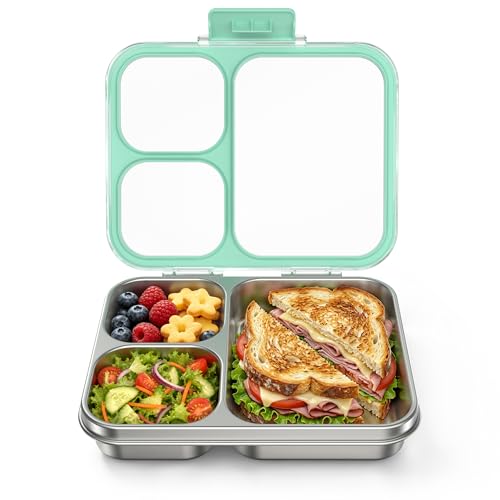 HOMEKOL Stainless Steel Bento Lunch Box 3-Compartment, 4.2Cups, Green | Leak-Proof Metal Lunch Container for Kids & Adults, BPA-Free, Dishwasher Safe, Clear Tritan Lid, 1000ml (Not Insulated) - color: Green, size: 34oz (1000ml)